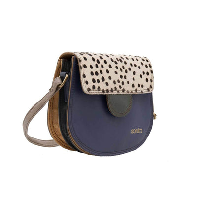 Navy And Animal Print Medium Leather Crossbody Bag | The Jewellery Stop