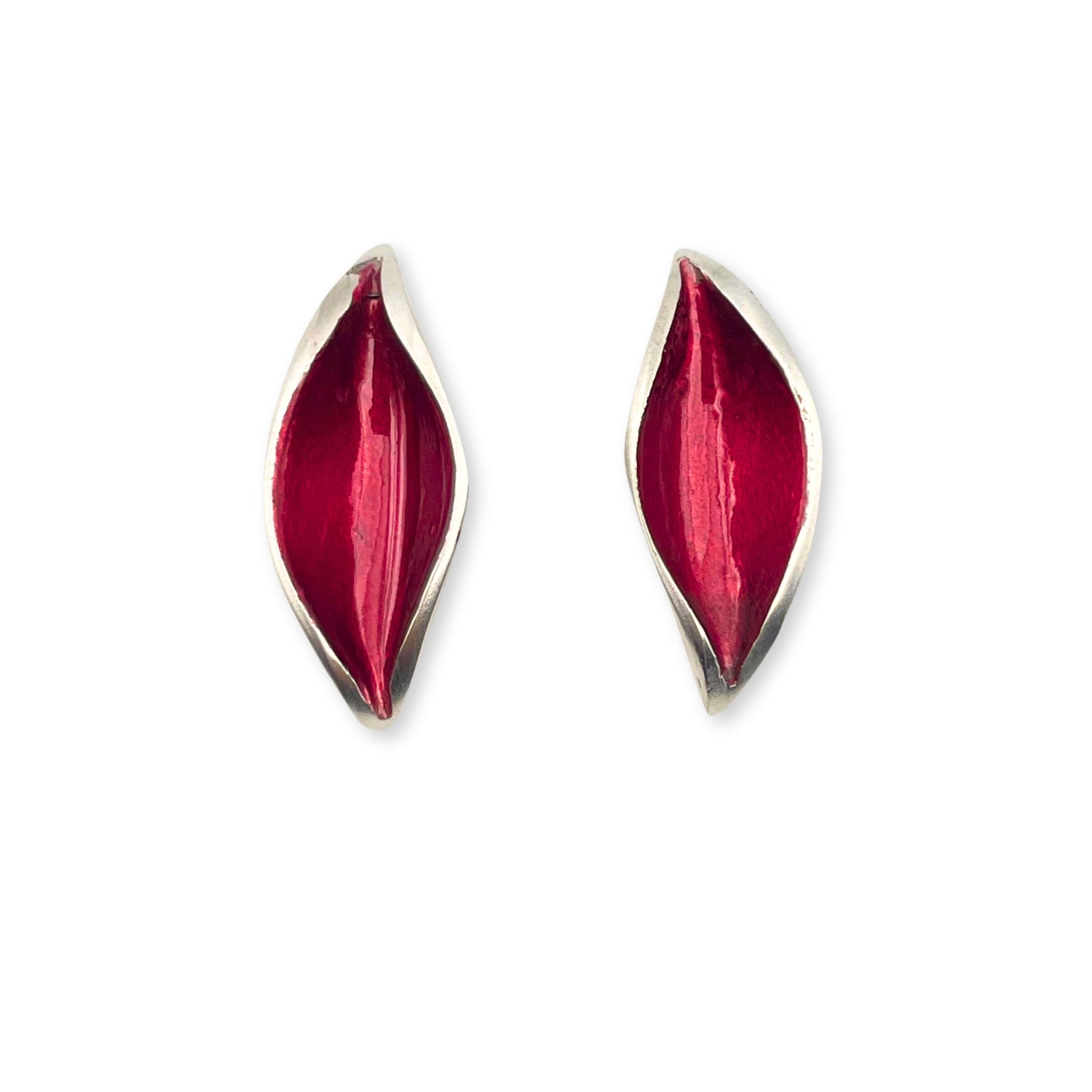 Red Resin and Pewter Petal Stud Earrings