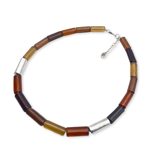 Caramel Resin and Pewter Tubes Necklace