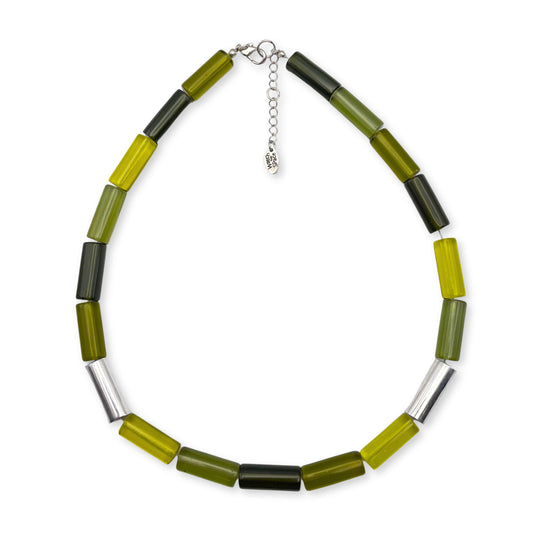 Green Resin and Pewter Tubes Necklace