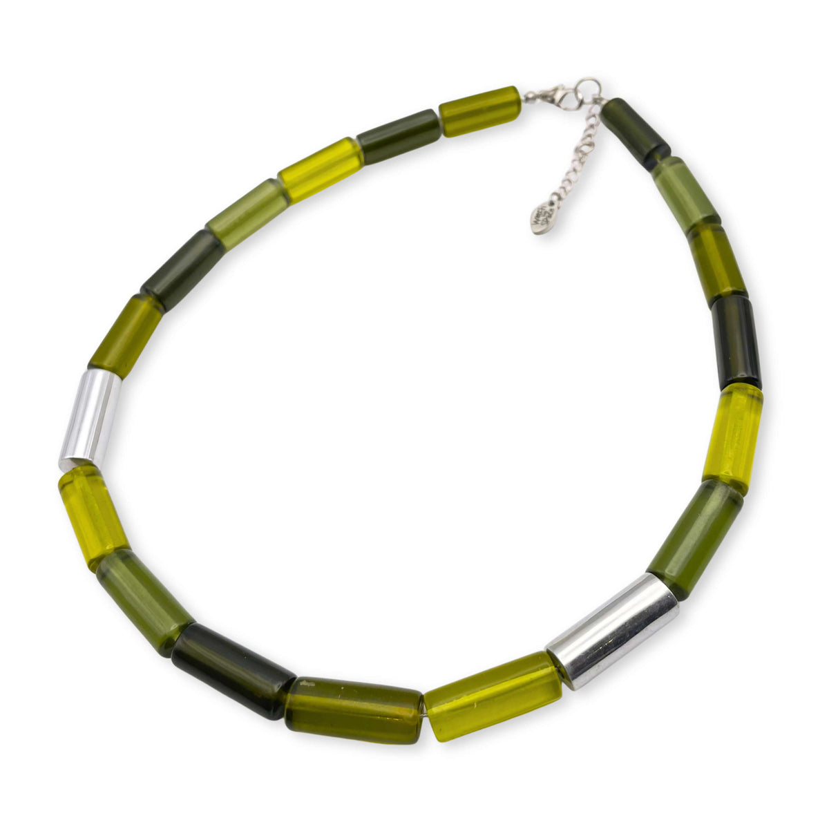 Green Resin and Pewter Tubes Necklace