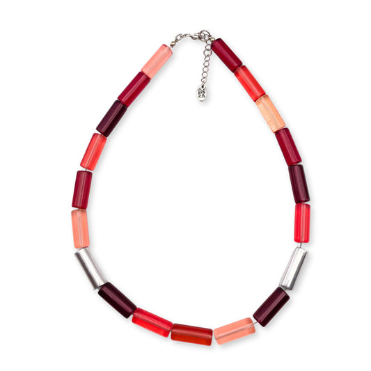 Pink Resin and Pewter Tubes Necklace