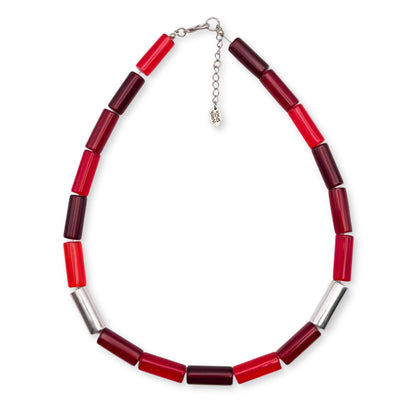 Red Resin and Pewter Tubes Necklace