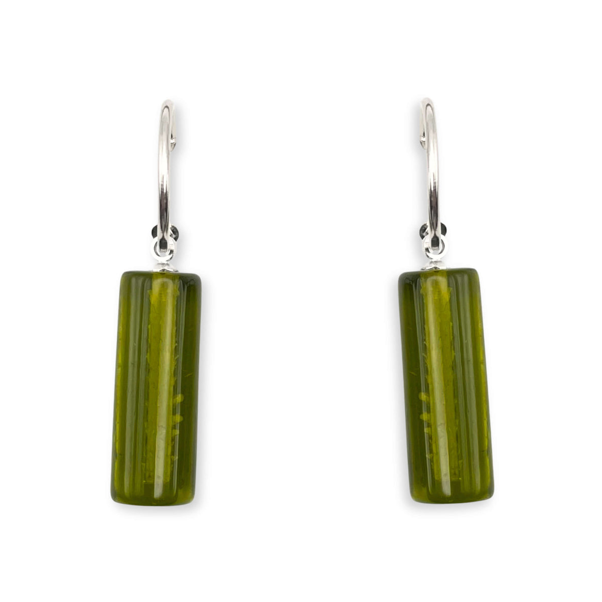 Green Resin and Pewter Tubes Creole Earrings