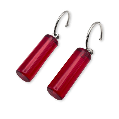 Red Resin and Pewter Tubes Creole Earrings