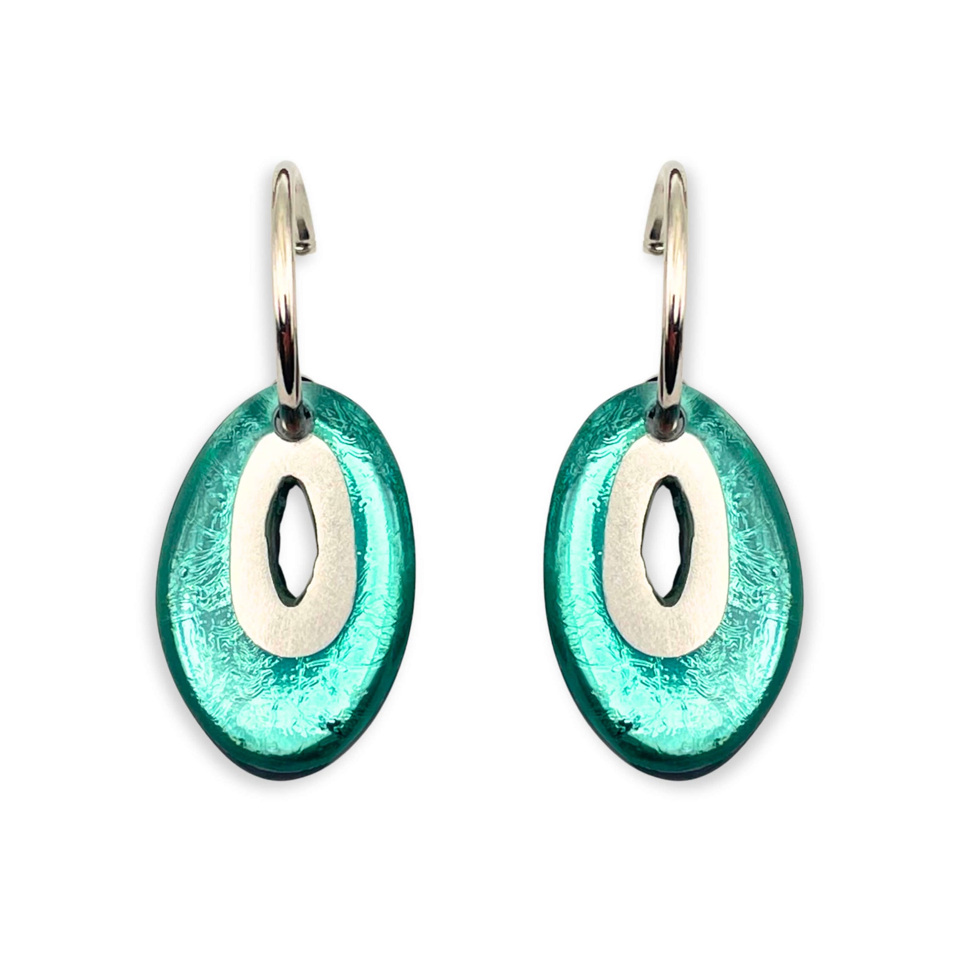 Aqua Oval Pewter Creole Earrings