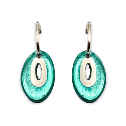 Aqua Oval Pewter Creole Earrings