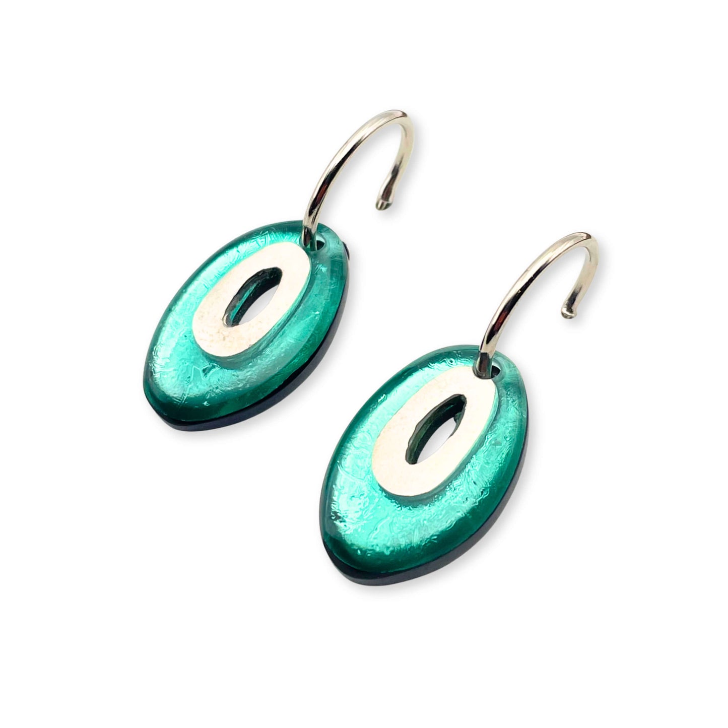 Aqua Oval Pewter Creole Earrings