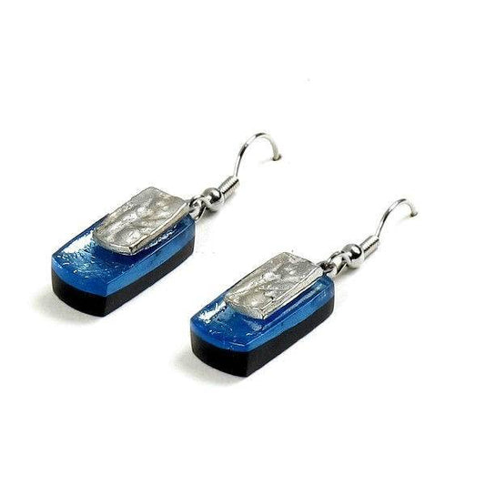 Blue Textured Rectangle Fish Hook Earrings