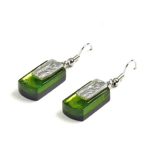 Green Textured Rectangle Fish Hook Earrings