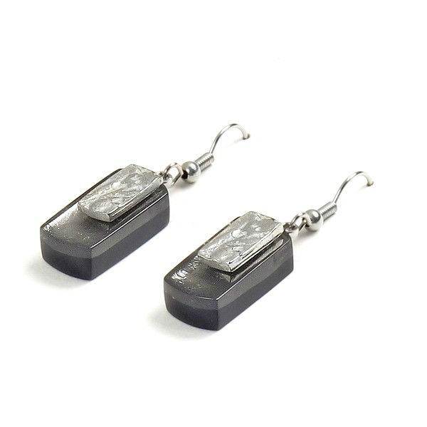 Grey Textured Rectangle Fish Hook Earrings