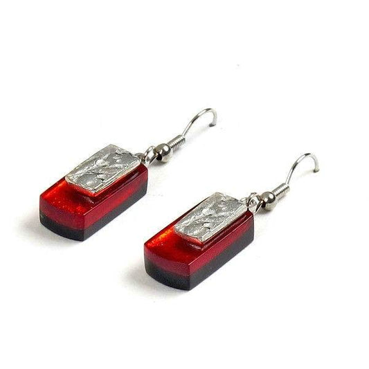 Red Textured Rectangle Fish Hook Earrings
