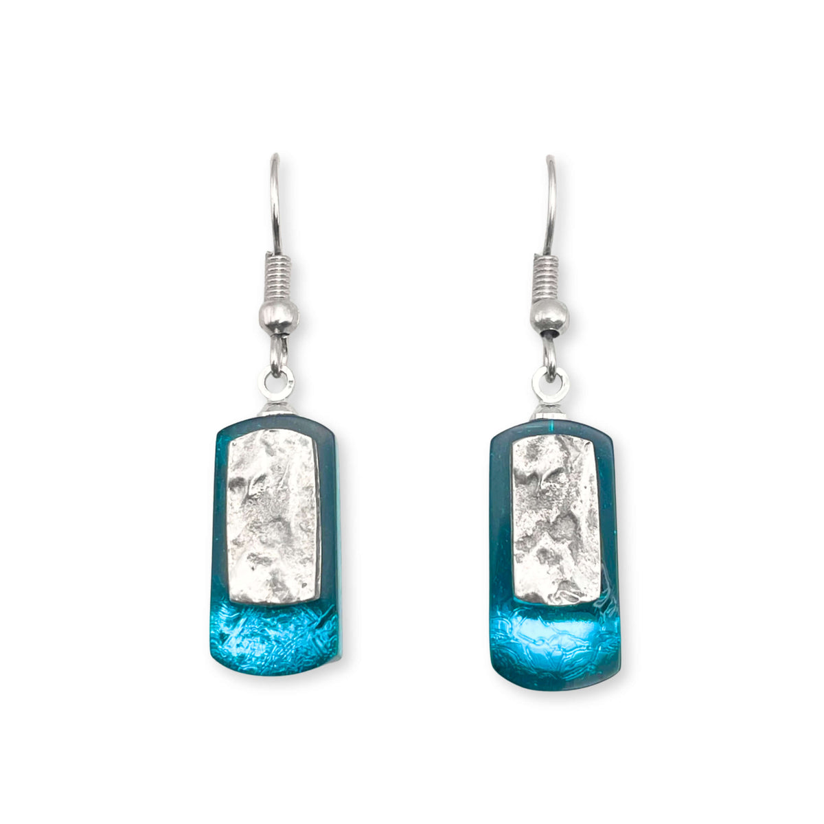 Teal Textured Rectangle Fish Hook Earrings