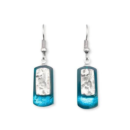 Teal Textured Rectangle Fish Hook Earrings