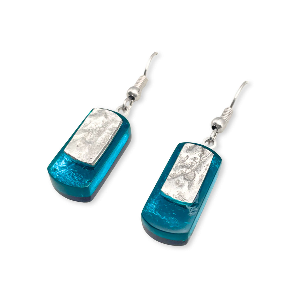 Teal Textured Rectangle Fish Hook Earrings