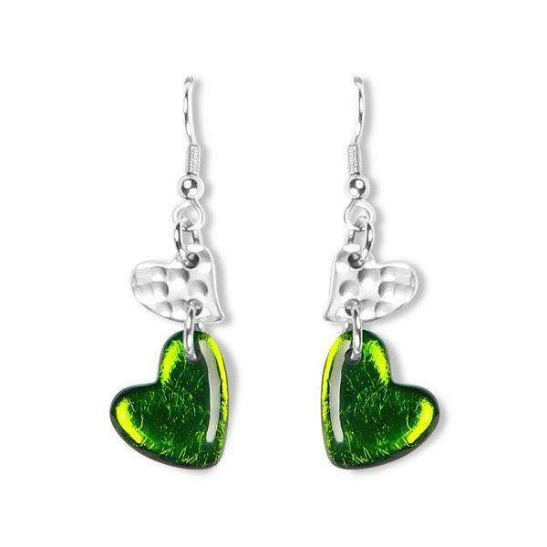Green Hammered Heart Fish Hook Earrings | The Jewellery Stop