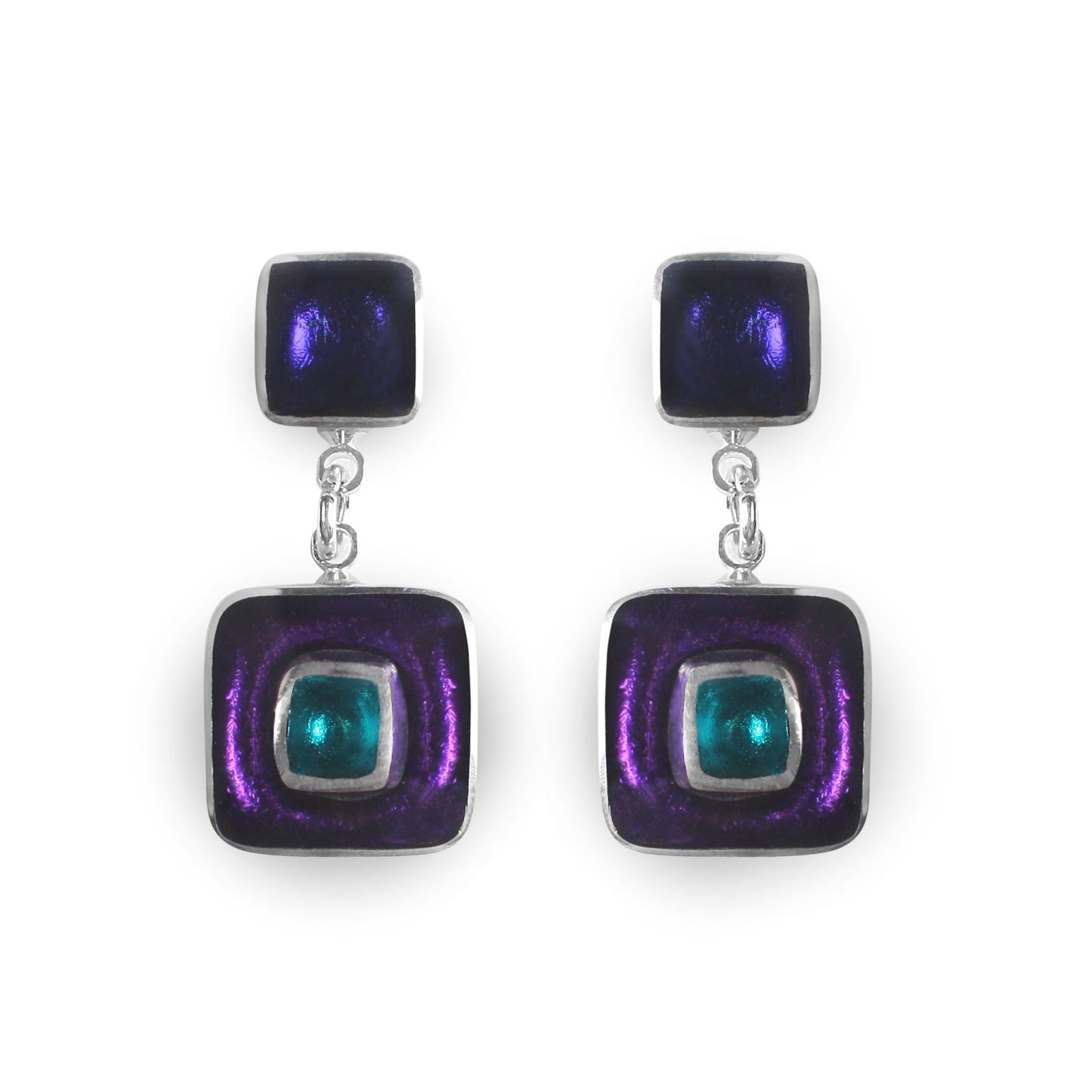 Peacock Retro Squares Drop Stud Earrings | The Jewellery Stop