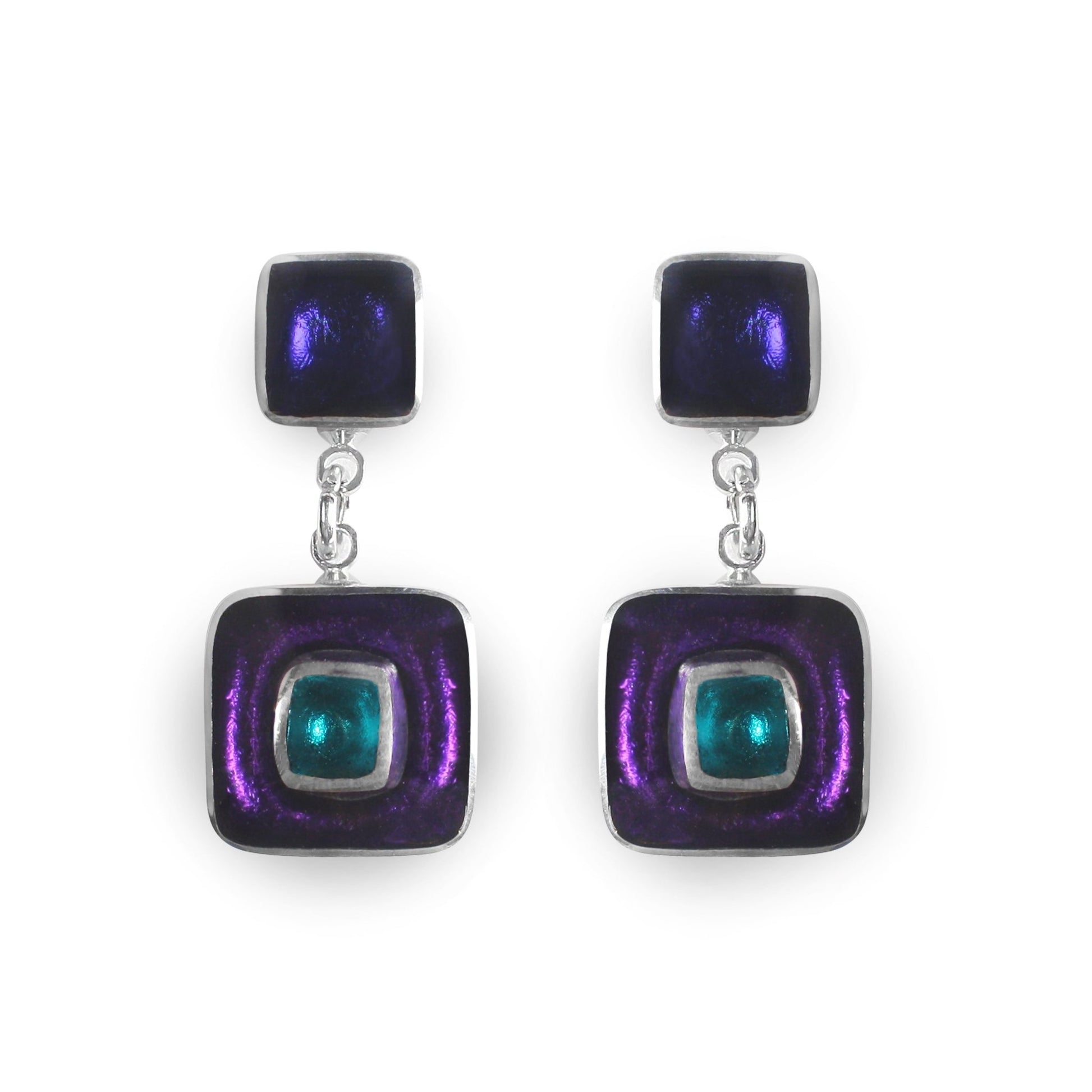 Peacock Retro Squares Drop Stud Earrings | The Jewellery Stop