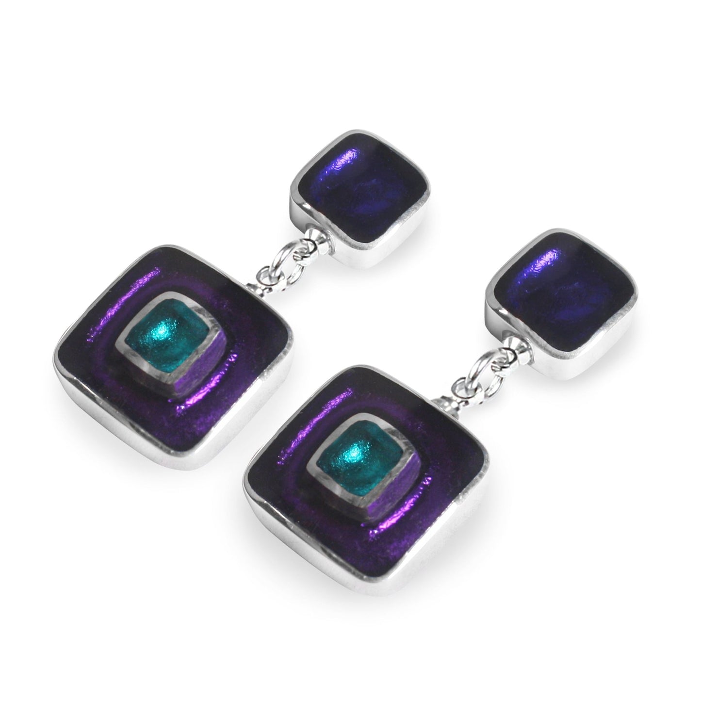 Peacock Retro Squares Drop Stud Earrings | The Jewellery Stop