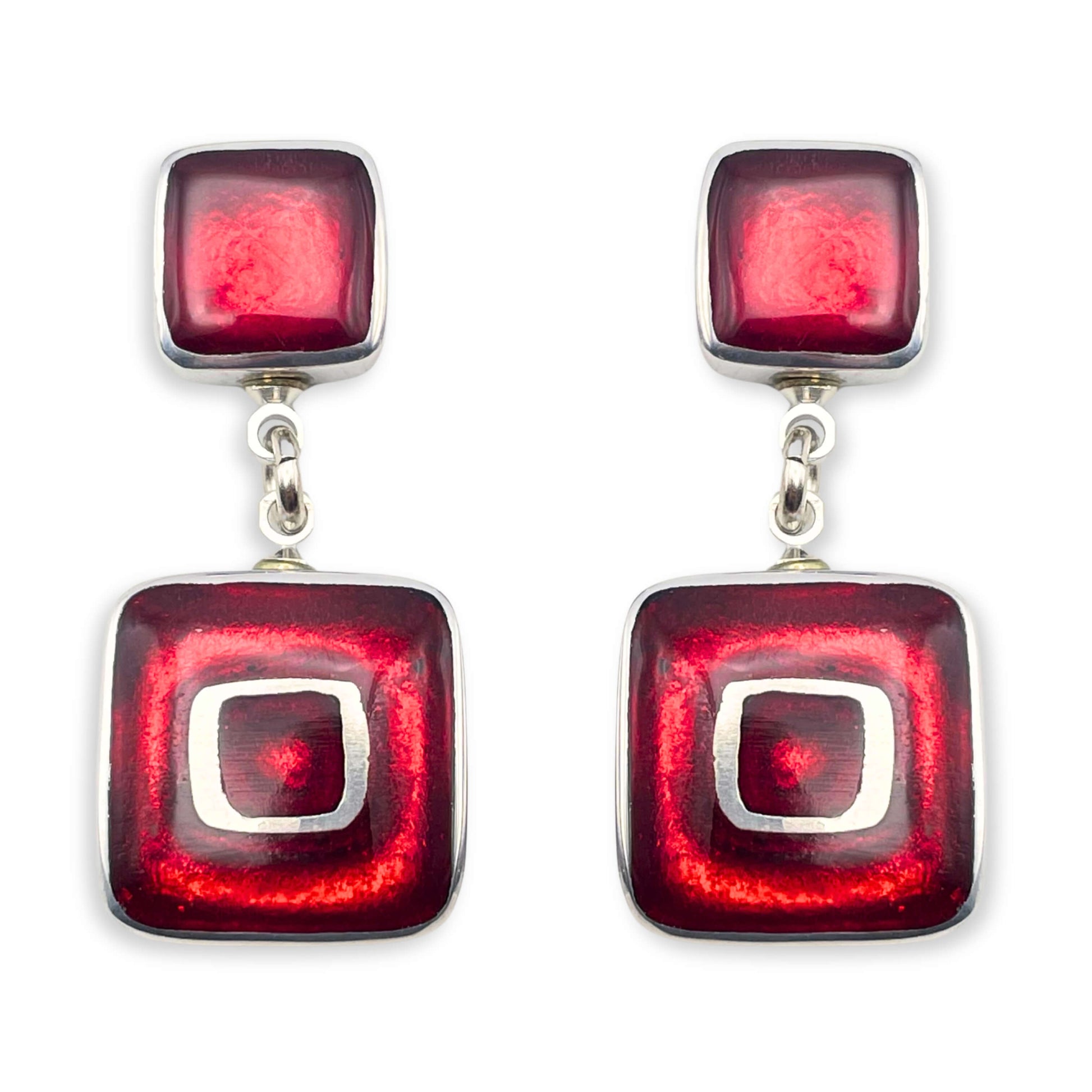 Red Retro Squares Drop Stud Earrings