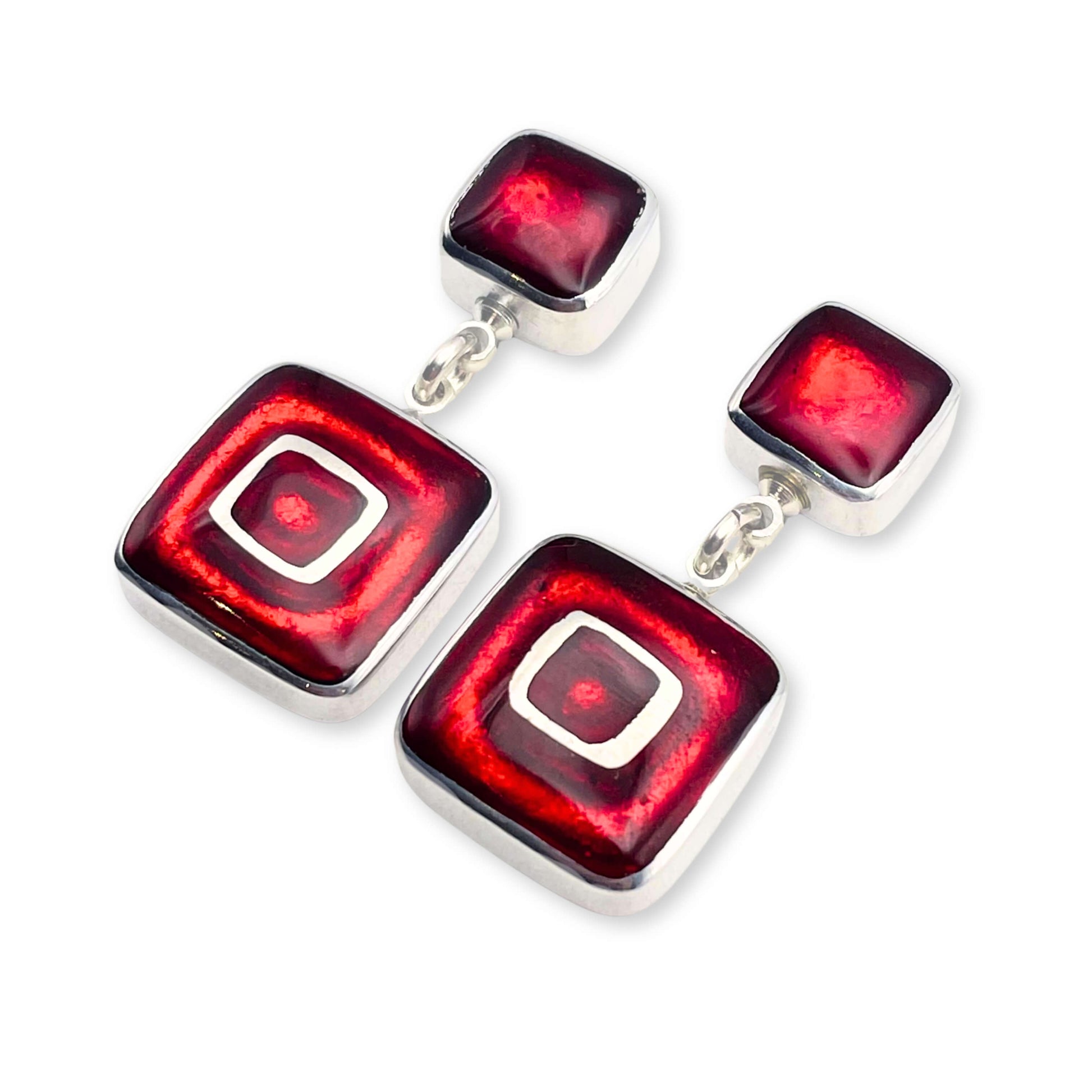 Red Retro Squares Drop Stud Earrings