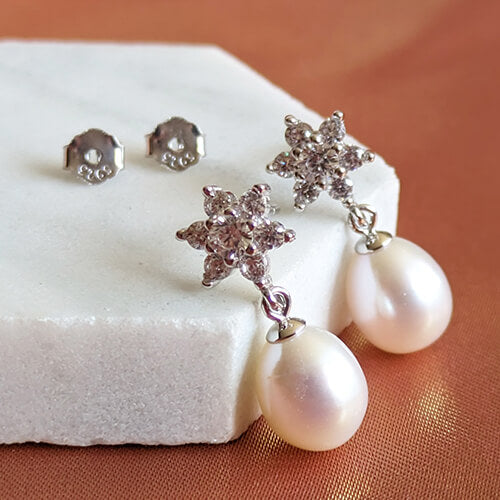 Pearl And Crystal Sterling Silver Flower Drop Earrings
