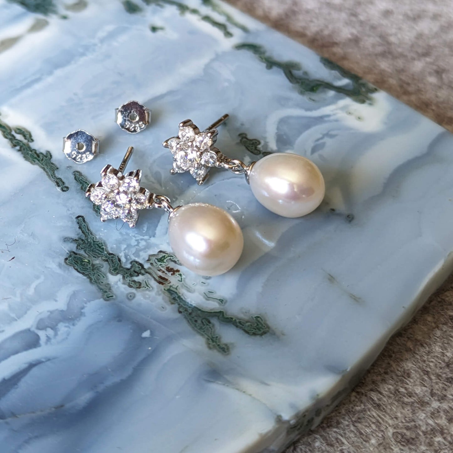 Pearl And Crystal Sterling Silver Flower Drop Earrings