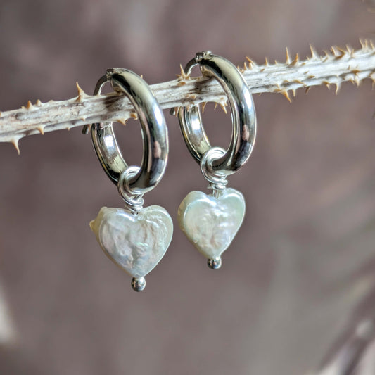 Heart Shaped Freshwater Pearls On Sterling Silver Hoops