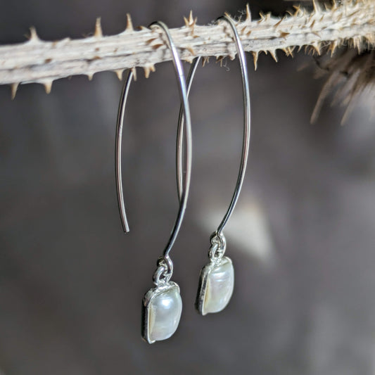 Rectangle Freshwater Pearl Sterling Silver Drop Hook Earrings