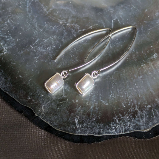 Rectangle Freshwater Pearl Sterling Silver Drop Hook Earrings