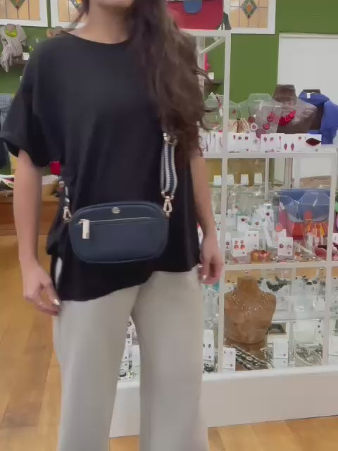 Navy Vegan Leather Camera Bag With Removable Strap