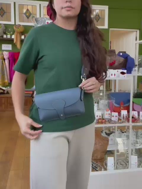 Denim Blue Italian Leather Crossbody & Shoulder Bag With Wide Strap