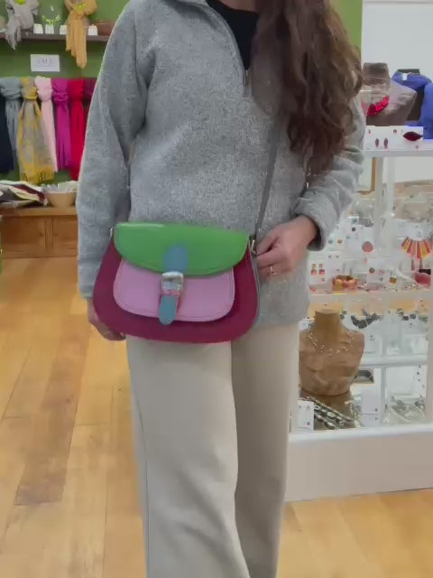 Burgundy, Green And Pink Large Leather Crossbody Bag
