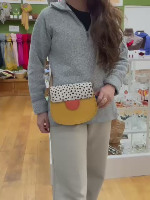 Mustard And Animal Print Medium Leather Crossbody Bag