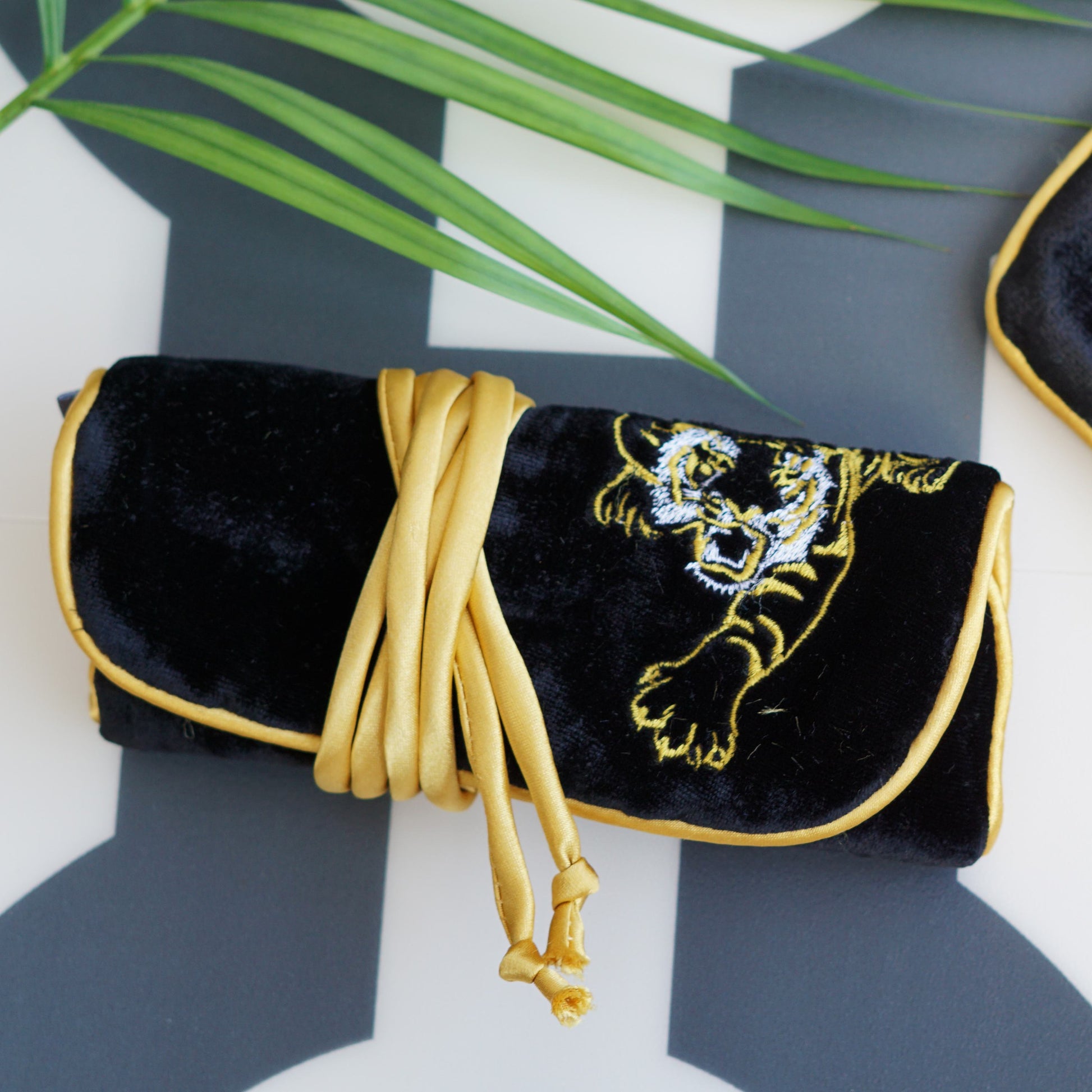 Black & Gold Tiger Velvet Jewellery Roll