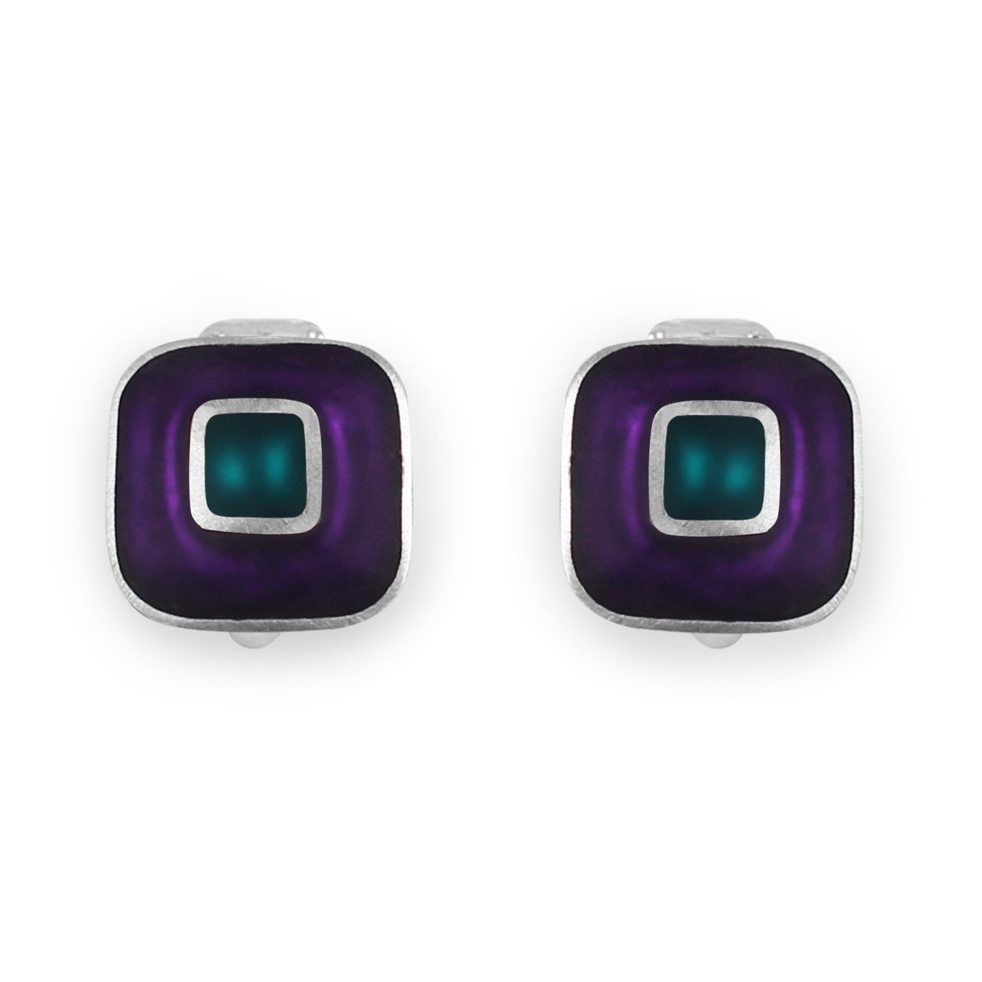 Peacock Retro Squares Matte Clip Earrings | The Jewellery Stop