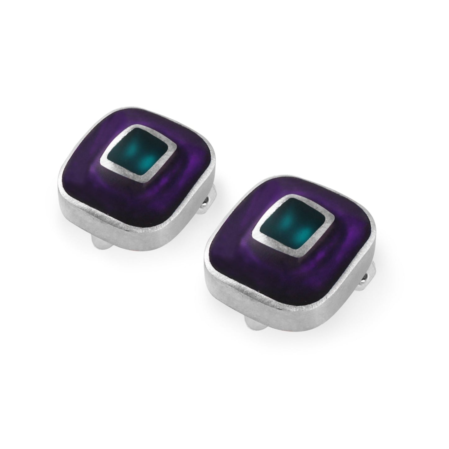 Peacock Retro Squares Matte Clip Earrings | The Jewellery Stop
