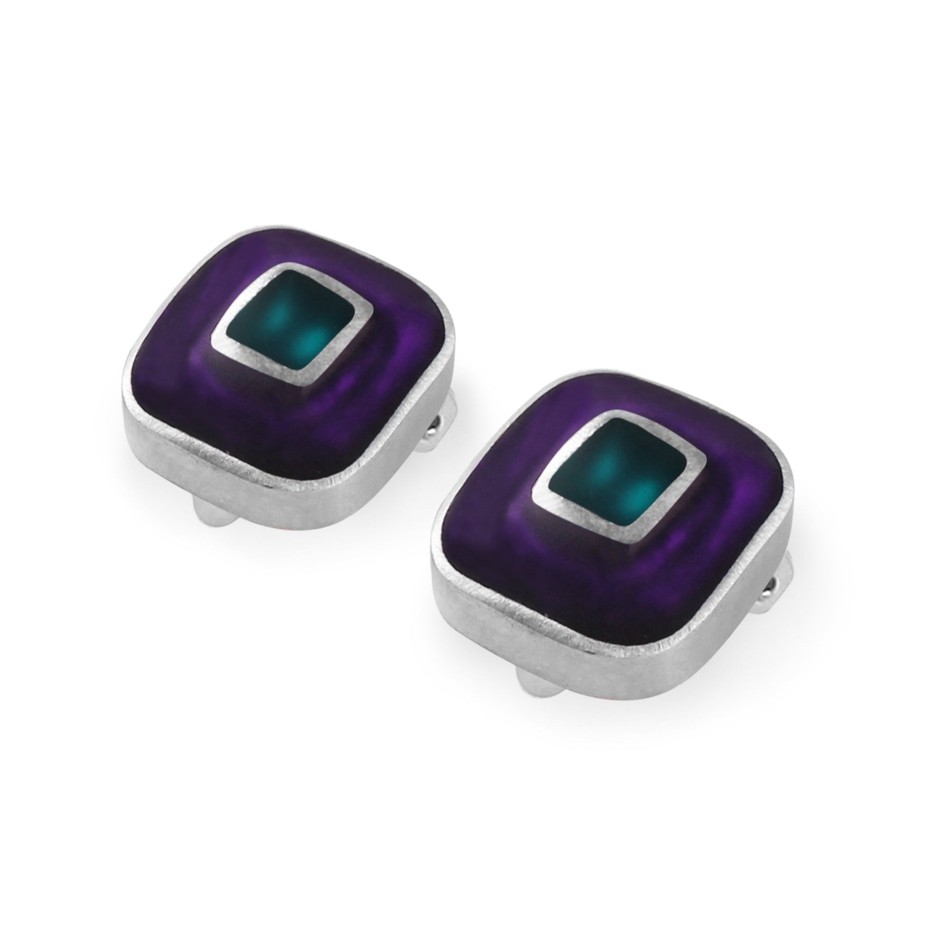 Peacock Retro Squares Matte Clip Earrings | The Jewellery Stop