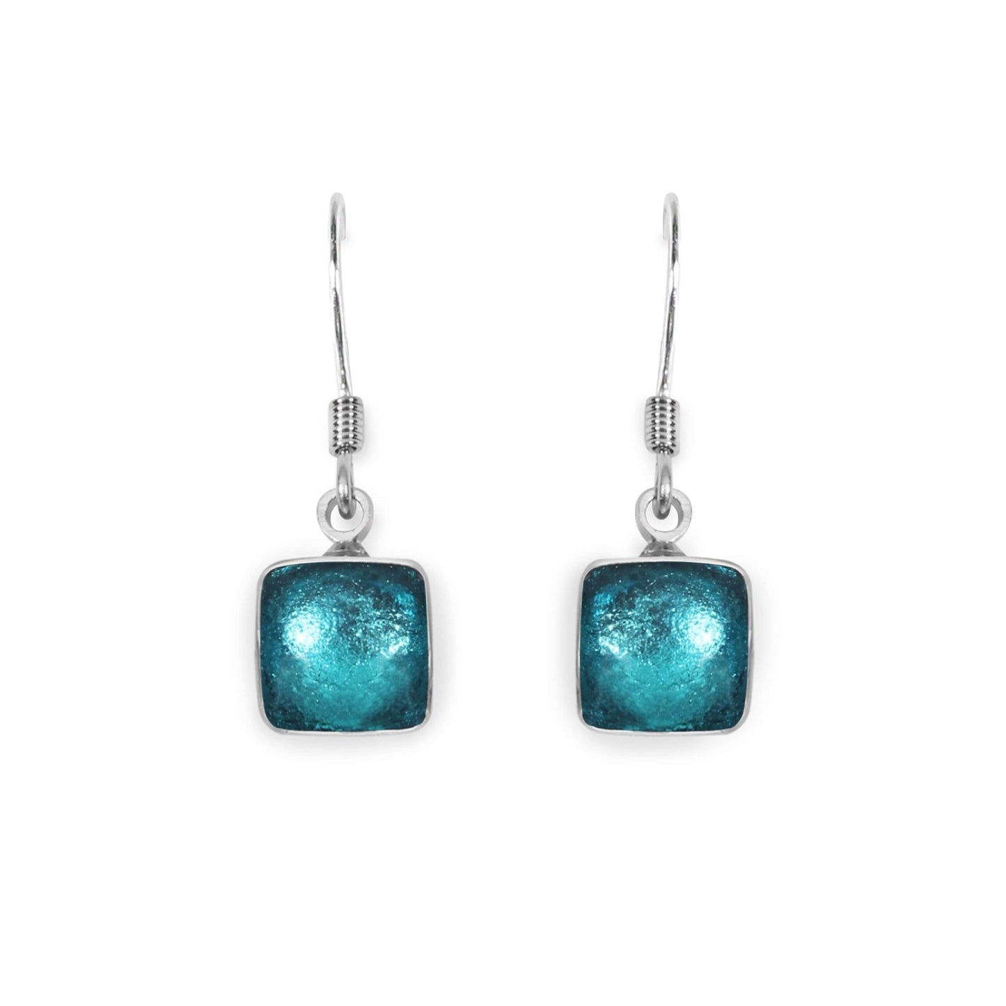 Teal Aluminium Squares Shiny Small Fish Hook Earrings | The Jewellery Stop