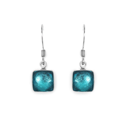 Teal Aluminium Squares Shiny Small Fish Hook Earrings | The Jewellery Stop