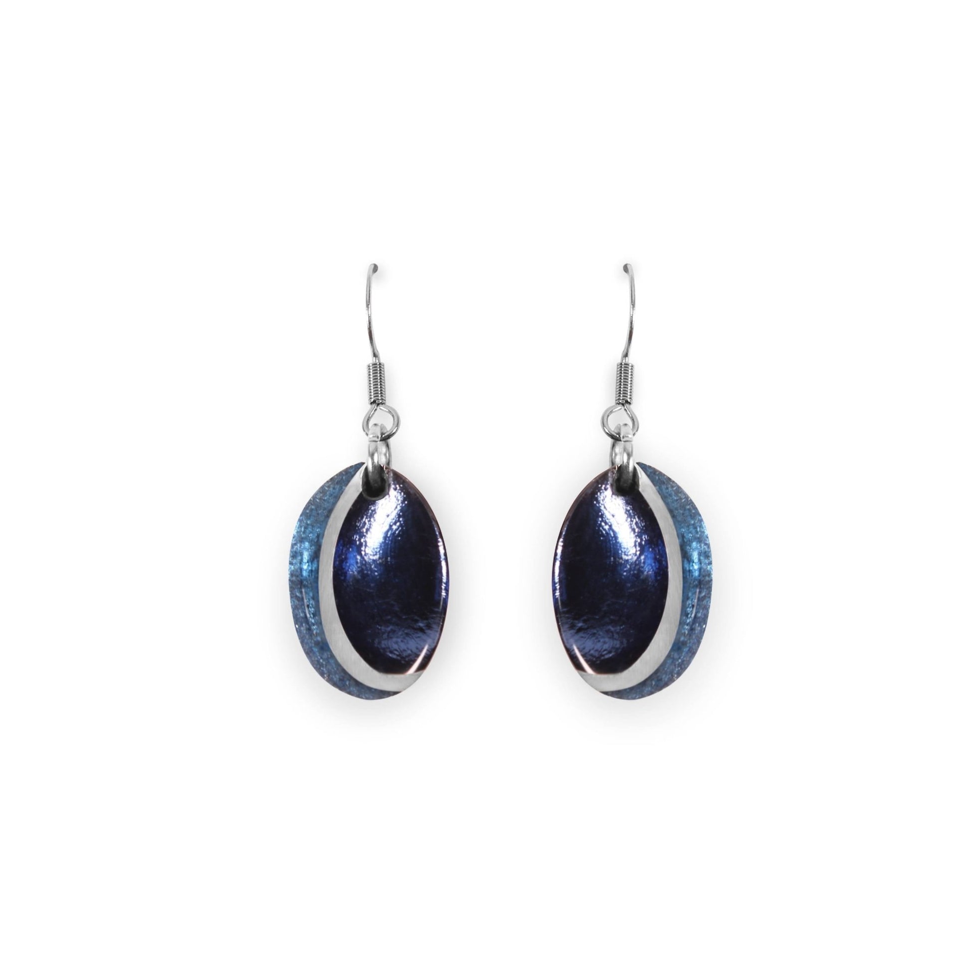 Denim Oval Swirl Shiny Fish Hook Earrings | The Jewellery Stop