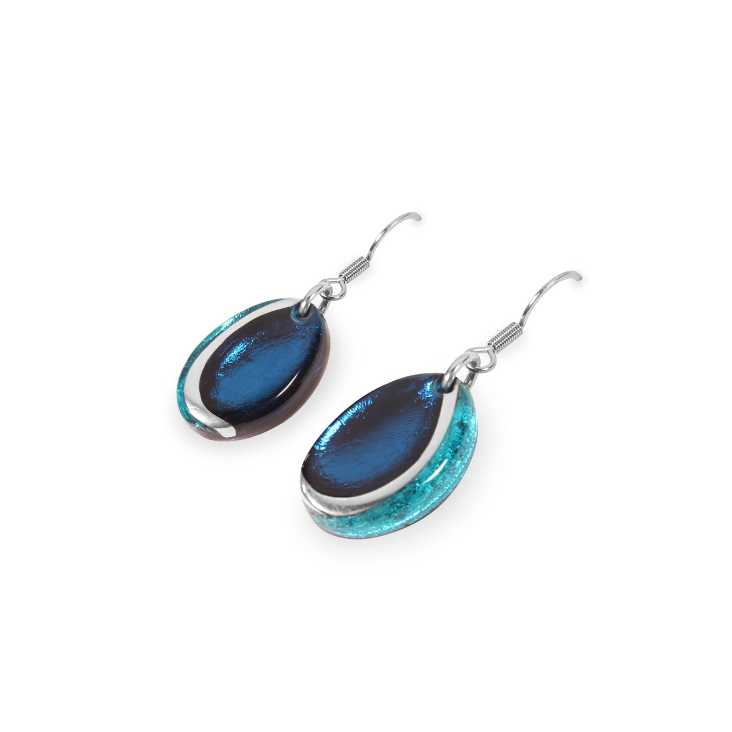 Teal Oval Swirl Shiny Fish Hook Earrings | The Jewellery Stop