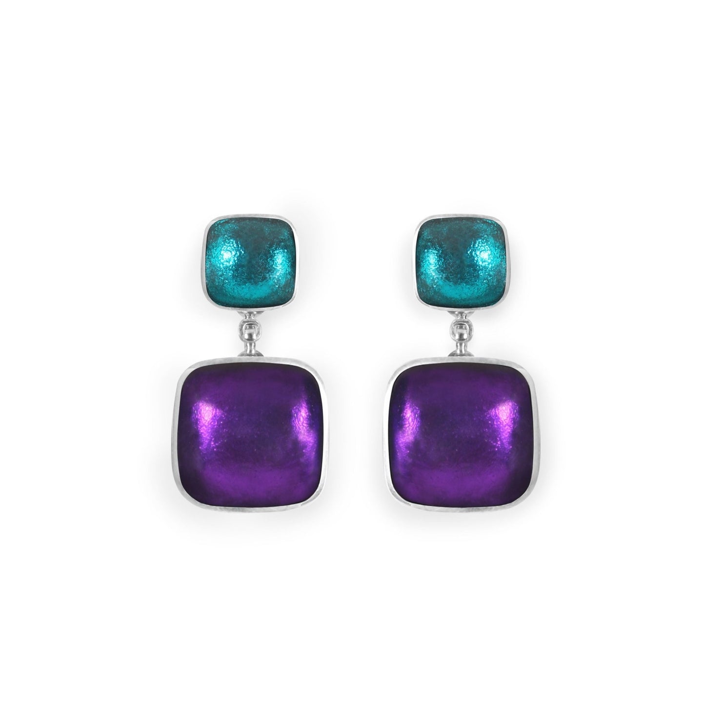 Peacock Aluminium Squares Shiny Double Drop Stud Earrings | The Jewellery Stop