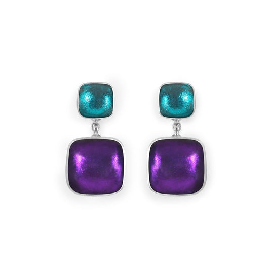 Peacock Aluminium Squares Shiny Double Drop Stud Earrings | The Jewellery Stop