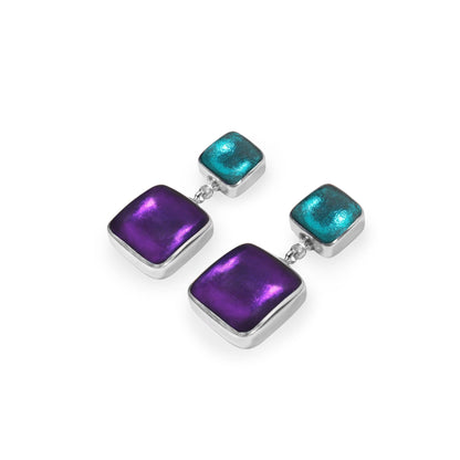 Peacock Aluminium Squares Shiny Double Drop Stud Earrings | The Jewellery Stop