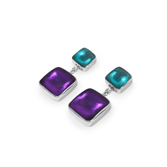 Peacock Aluminium Squares Shiny Double Drop Stud Earrings | The Jewellery Stop