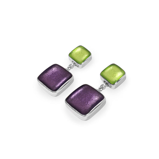 Sherbet Aluminium Squares Shiny Double Drop Stud Earrings | The Jewellery Stop