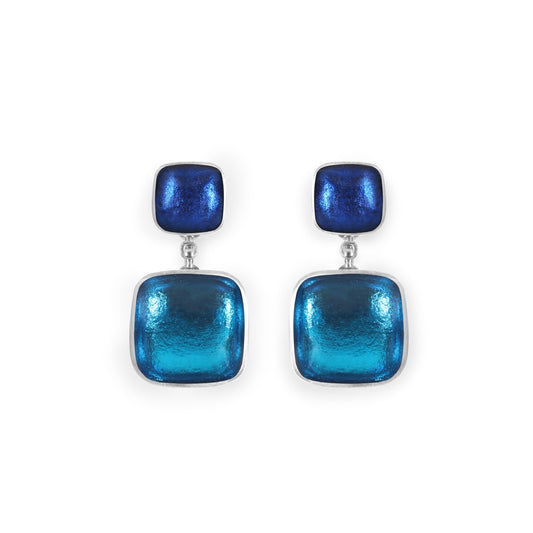Turquoise Aluminium Squares Shiny Double Drop Stud Earrings