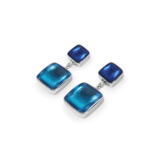 Turquoise Aluminium Squares Shiny Double Drop Stud Earrings