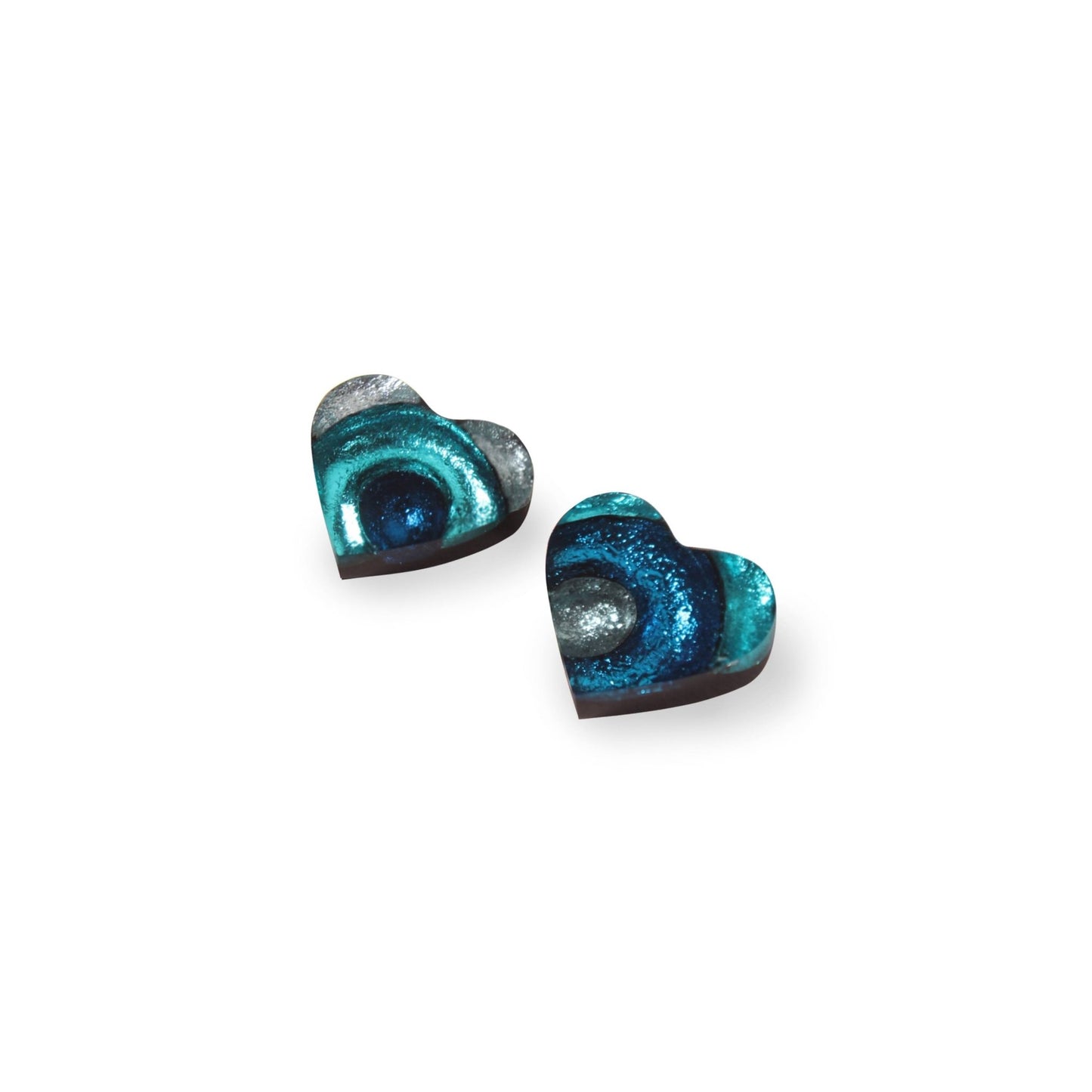 Teal Heart Swirl Shiny Asymmetrical Stud Earrings | The Jewellery Stop